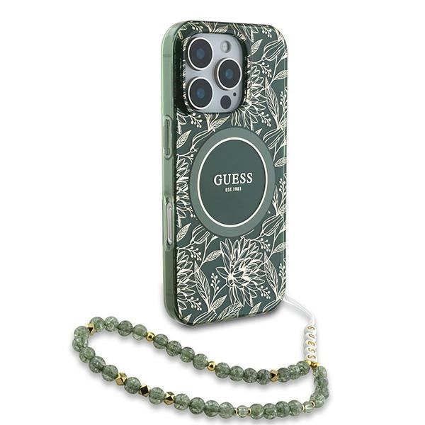 Guess GUHMP16LHCPOFPA iPhone 16 Pro 6.3" grönt/grönt hårt fodral IML Flowers Allover Electro With Pearl Strap MagSafe