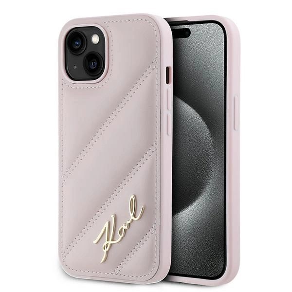 KARL LAGERFELD DIAGONAL QUILTED SCRIPT COVER TIL IPHONE 14/15/13 - PINK