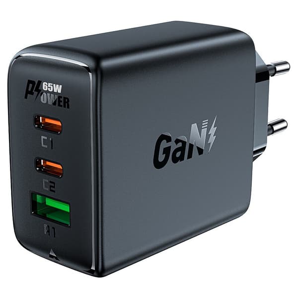 ACEFAST HURTIG NETVÆRKSLADER GAN 2XUSB-C/USB-A PPS/PD/QC4+ 65W SORT
