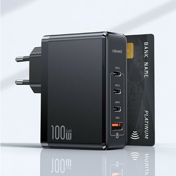 USAMS Lad. nätverk. 3xUSB-C+1xUSB GaN 100W T50 PD (endast huvud) Snabbladdning svart/svart CC163TC01 (US-CC163)