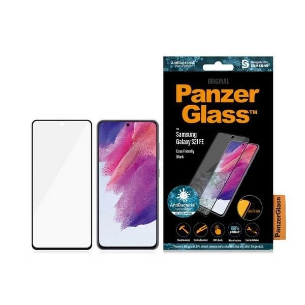 PANZERGLASS E2E MICROFRACTURE ANTIBAKTERIELT GLAS TIL SAMSUNG GALAXY S21 FE - MED SORT RAMME