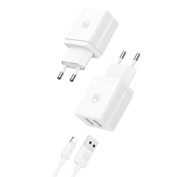 USAMS Lad. nätverk. 2xUSB 18W + Lightning/USB-A snabbladdningskabel vit/vit serie HC HCCLTZ01