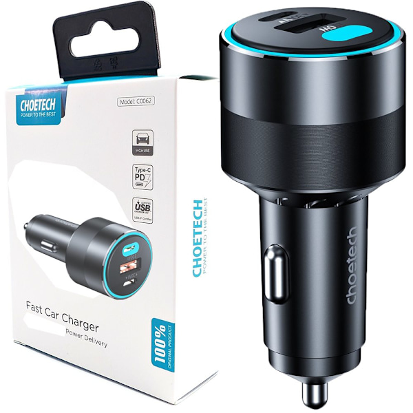 CHOETECH HURTIG BILOPLADER 130W 2XUSB-C + USB-A SORT