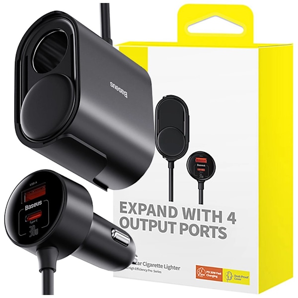 Baseus High Efficiency Pro 2x sigarettenneradapter USB-A USB-C med 30W lader - svart