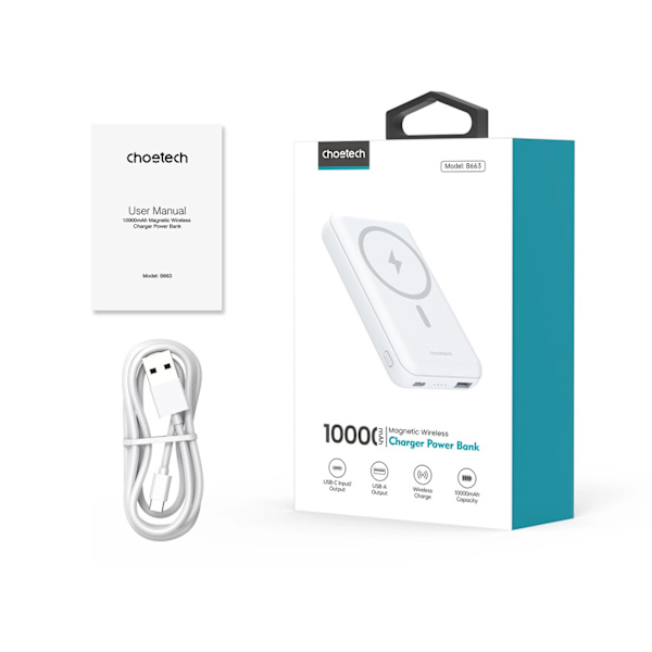 CHOETECH B663 10000MAH 20W MAGSAFE USB-A / USB-C POWERBANK - HVID