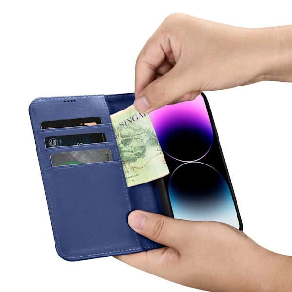 iCarer Wallet Case 2-i-1 iPhone 14 Pro Max flip-etui i skinn, RFID-blokkerende blå (WMI14220728-BU)