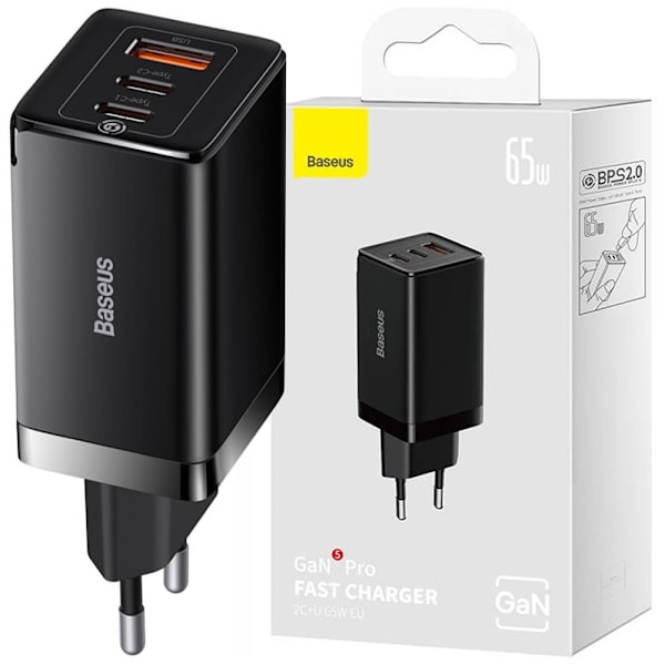 GaN hurtiglader 2xUSB C 1xUSB 65W Baseus GaN5 Pro + USB C - USB C 100W kabel - svart Svart