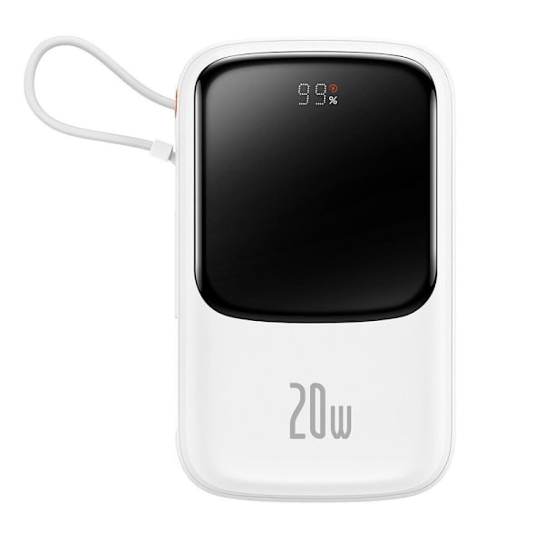 Baseus Qpow Digital Display strømbank med hurtiglading 10000mAh 20W QC/PD/SCP/FCP med innebygd Lightning-kabel hvit