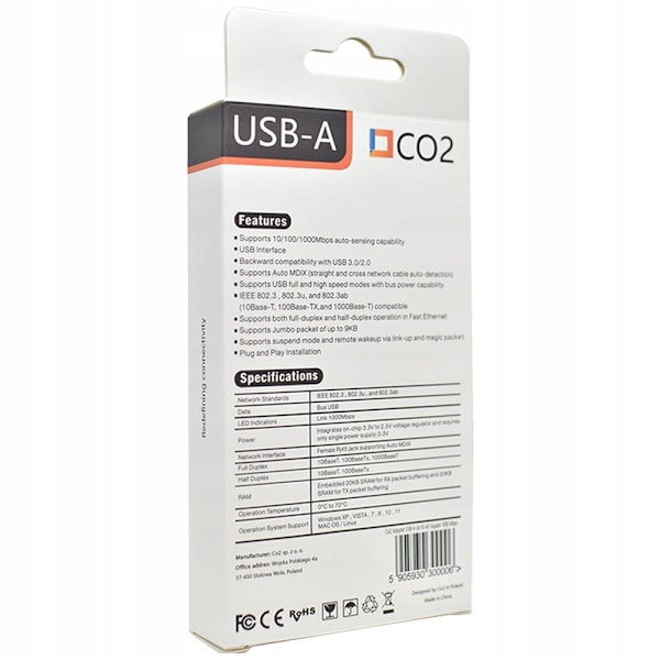 CO2 USB-A ETHERNET ADAPTER LAN GIGABIT RJ45 NETTVERKSKORT 1000MBPS