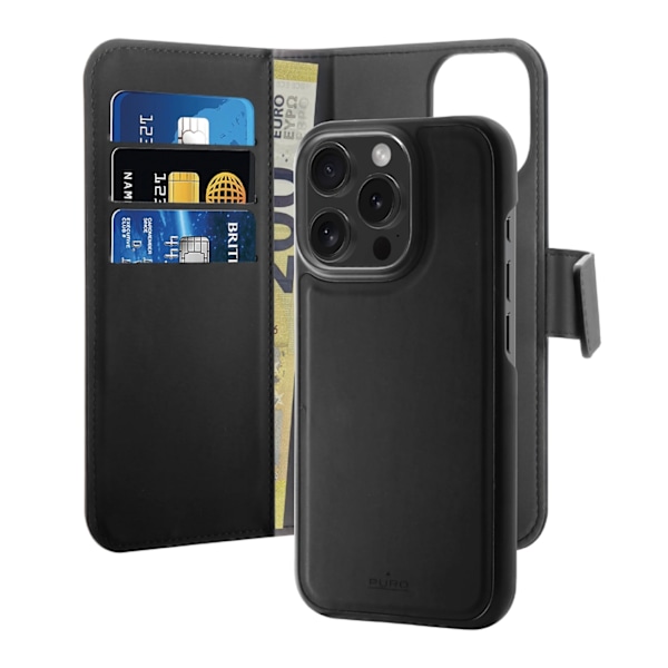 PURO WALLET AFTAGELIGT MAGSAFE 2IN1 ØKO-LÆDER ETUI MED KLAP OG PUNG TIL IPHONE 16 PRO MAX - SORT