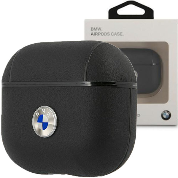 BMW ÆGTE LÆDER SØLV LOGO TASKE TIL AIRPODS 3 - SORT