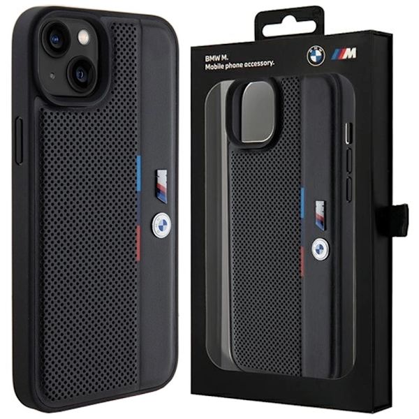BMW PERFORATED TRICOLOR LINE ETUI TIL IPHONE 15 PLUS / 14 PLUS - SORT