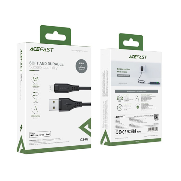 ACEFAST KABEL LANG STÆRK MFI USB - LYN 1,2M, 2,4A SORT
