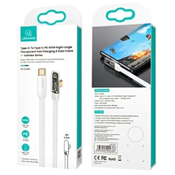 USAMS Vinklad USB-C till USB-C PD 100W Snabbladdning Iceflake Series-kabel 2m vit/vit SJ587USB02 (US-SJ587)