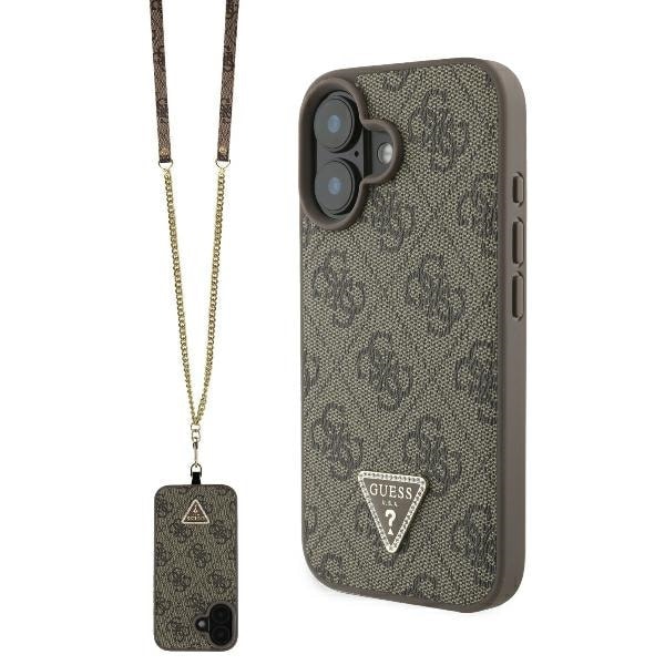 Guess GUHCP16SP4TDSCPW iPhone 16 6,1" brunt/brunt hårdfodral Läder Metall Logotyp Strass Crossbody
