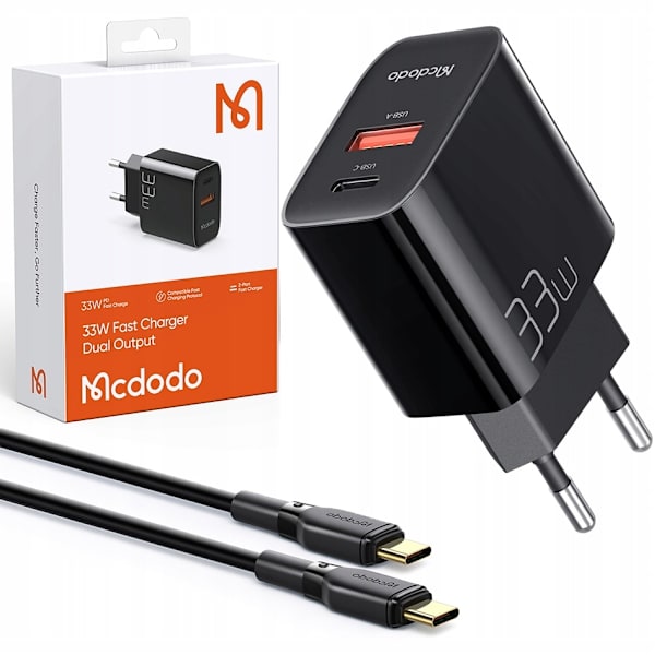 Mcdodo telefonlader, snabb, USB, USB-C, 33W, kabel inkludert, 60W, svart