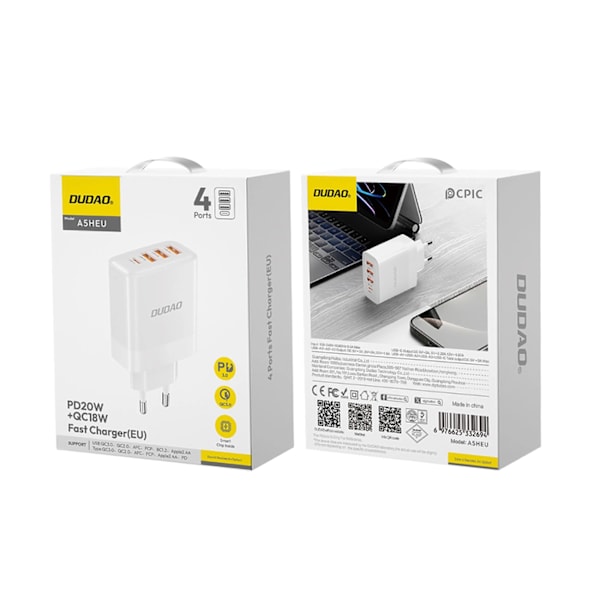 DUDAO A5HEU NETVÆRKSOPLADER 3X USB-A 1X USB-C PD20W - HVID
