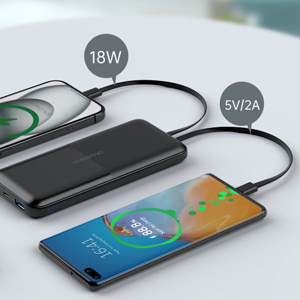 CHOETECH B654 10000MAH 22,5W USB-A / USB-C / MICRO USB POWERBANK MED INDBYGGET USB-C / LIGHTNING-KABEL - SORT
