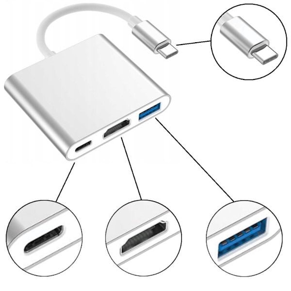 Adapter, 3 og 1, USB Type C, HDMI, Space Grey, Co2