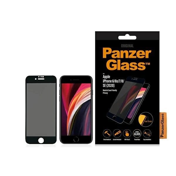 PANZERGLASS E2E SUPER+ PRIVACY HÆRDET GLAS TIL IPHONE 6 / 6S / 7 / 8 / SE 2020 / SE 2022 - MED SORT RAMME