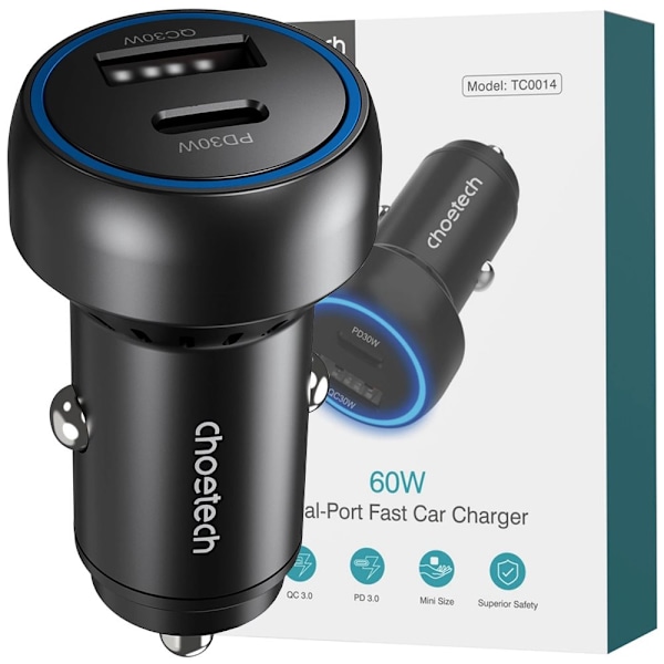 CHOETECH USB-C BILOPLADER USB PD 60W MED LED BAGGRUNDSLYS SORT
