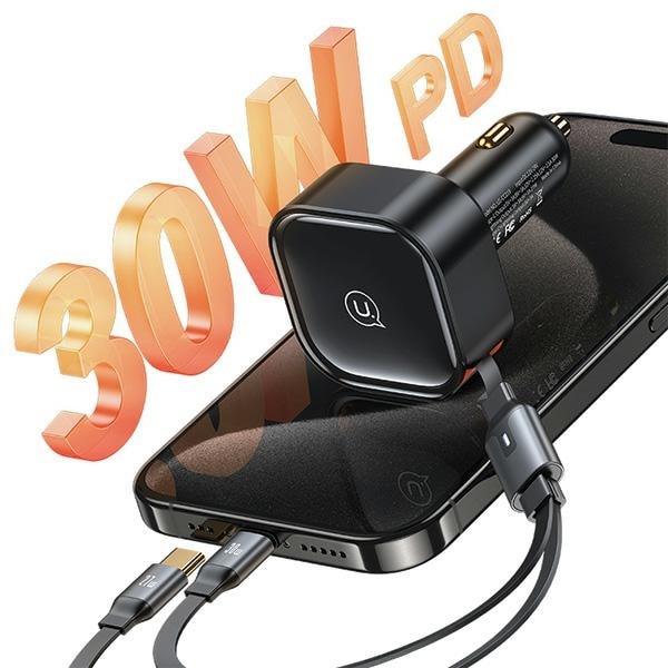 USAMS Lad. ensam. med infällbar kabel 2xUSB-C C41 PD 30W Snabbladdning svart/svart CC220CC01 (US-CC220)