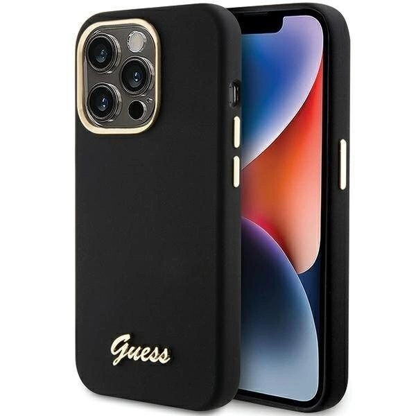 Guess Silicone Script metalllogo- og rammedeksel til iPhone 15 Pro - Svart