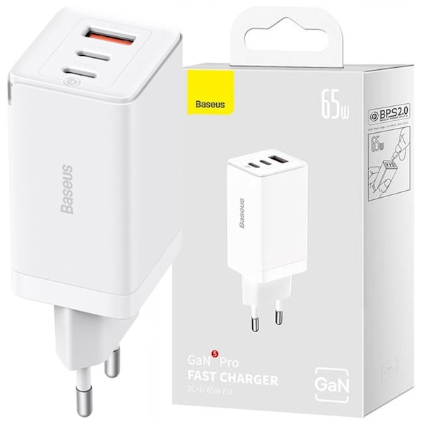 GaN hurtiglader 2xUSB C 1xUSB 65W Baseus GaN5 Pro + USB C - USB C 100W kabel - hvit Vit