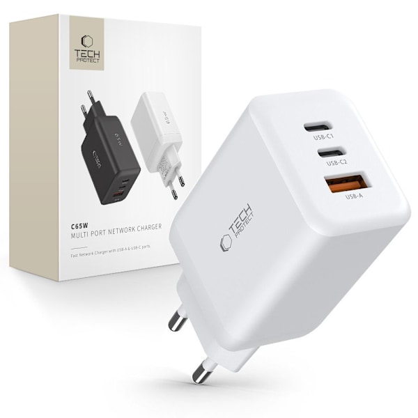 TECH-PROTECT C65W 3-PORTS NETVÆRKSOPLADER PD65W/QC3.0 HVID