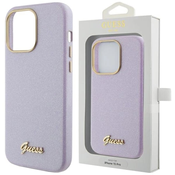 Guess Glitter Glossy Script-deksel til iPhone 15 Pro - lilla