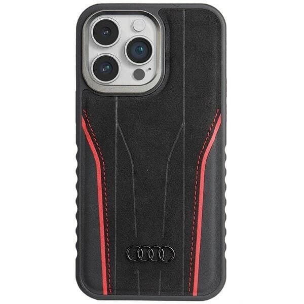 AUDI ÆGTE LÆDER ETUI MED MAGSAFE TIL IPHONE 14 PRO MAX - SORT OG RØD