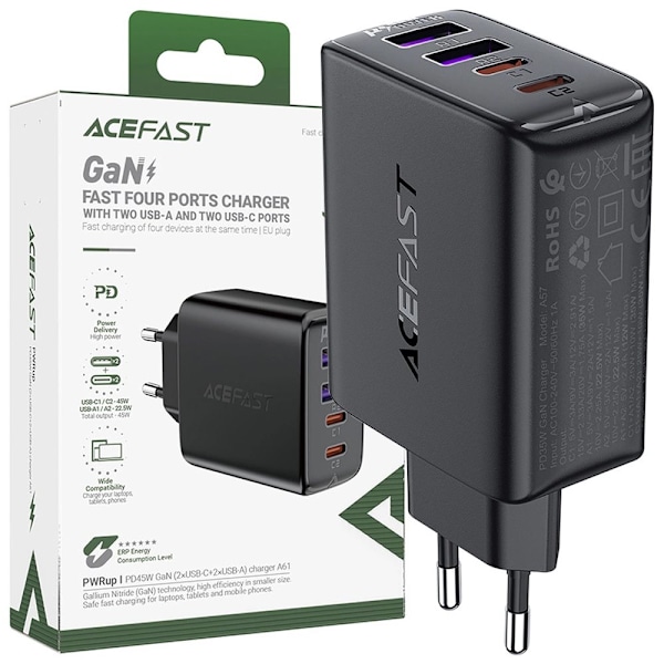 Acefast A61 PD 45W GaN-lader med 2 x USB-C + 2 x USB-A 4-porter - svart