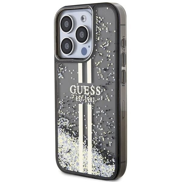 Guess Liquid Glitter Gold Stripes-deksel til iPhone 15 Pro - Svart