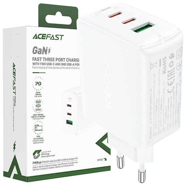 Acefast rask GaN-lader (2x USB-C / USB-A) PPS / PD / QC4+ 65W hvit (A41)