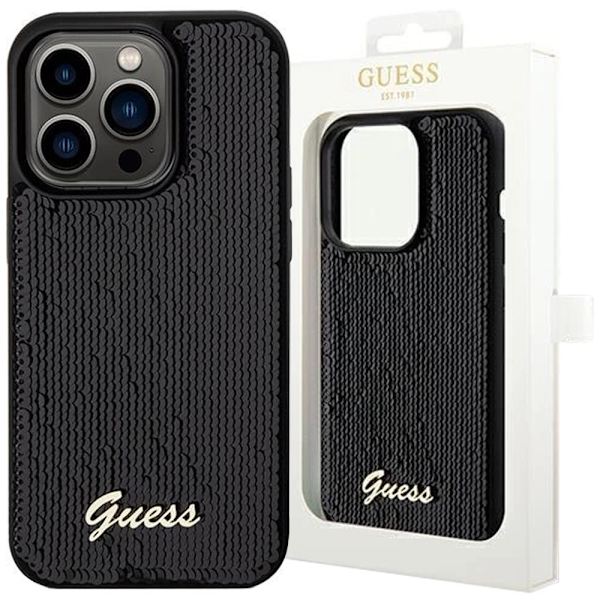 Guess Sequin Script metalldeksel til iPhone 13 Pro / 13 - svart