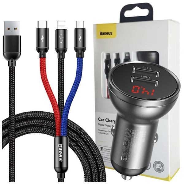 Baseus billader 2x USB 4.8A 24W LCD + 3in1 USB - USB Type C / micro USB / Lightning-kabel 1.2m svart (TZCCBX-0G) Svart, Grå