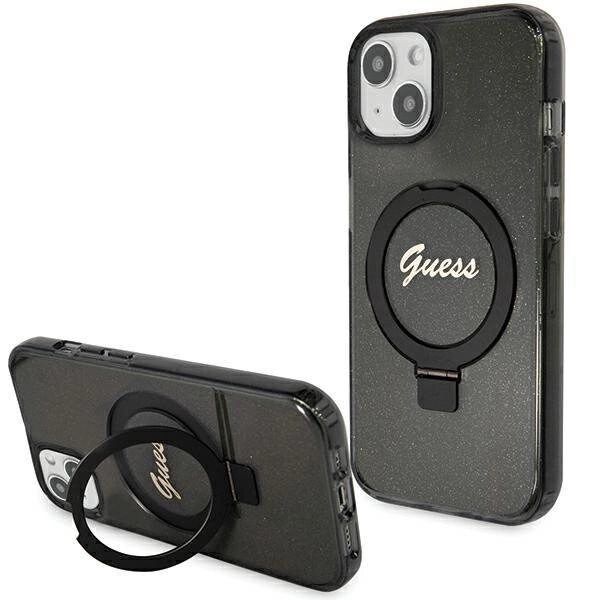 Guess Ring Stand Script Glitter MagSafe-deksel til iPhone 15 Plus / 14 Plus - Svart