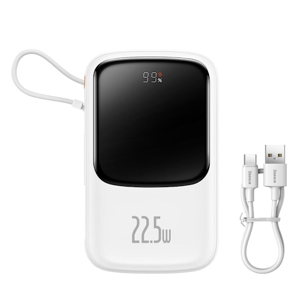 Baseus Qpow Powerbank 10000mAh Innebygd USB Type C-kabel 22,5W Hurtiglading SCP AFC FCP Hvit (PPQD020102)
