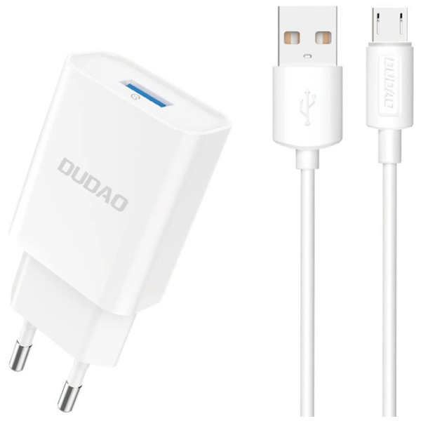 DUDAO A4EU USB-A 2.1A VÆGOPLADER - HVID + USB-A - MIKRO USB-KABEL