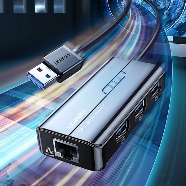Ugreen 20265 USB-A / RJ45 1000 Mbps HUB 3x USB 3.0 nettverksadapter - svart