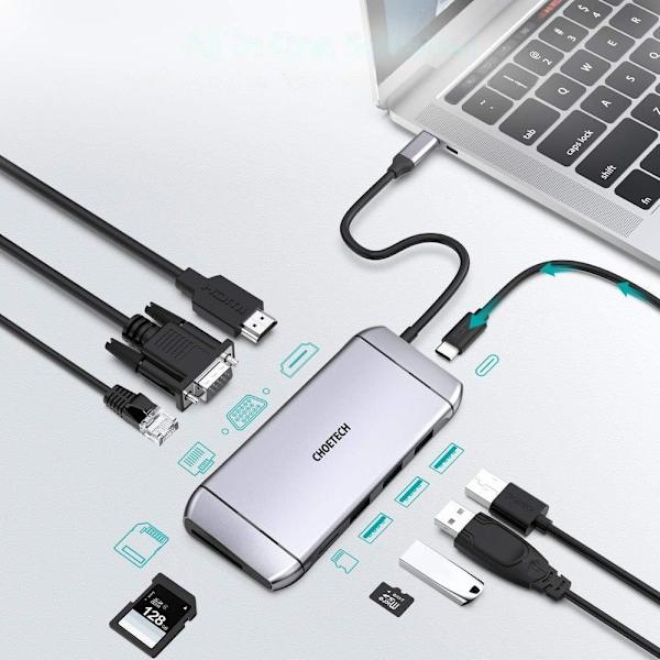 CHOETECH 9IN1 MULTIFUNKTIONEL USBC-3XUSB HUB/SD OG TF LÆSER/HDMI/VGA/USBC/RJ
