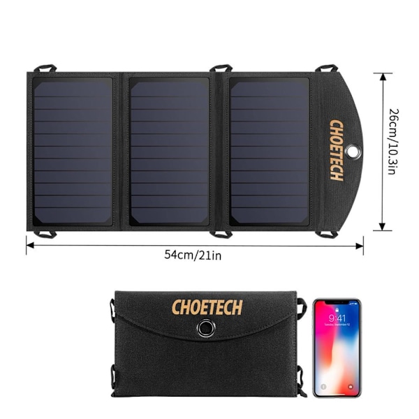 Choetech sammenleggbar solenergi solcellelader 19W 2x USB 2.4A svart (SC001)