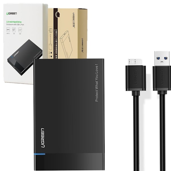 Ugreen HDD SSD-stasjonsdeksel SATA 2.5 USB 3.2 Gen 1 (5 Gbps) micro USB SuperSpeed+ 0,5 m kabel svart (US221 30848)
