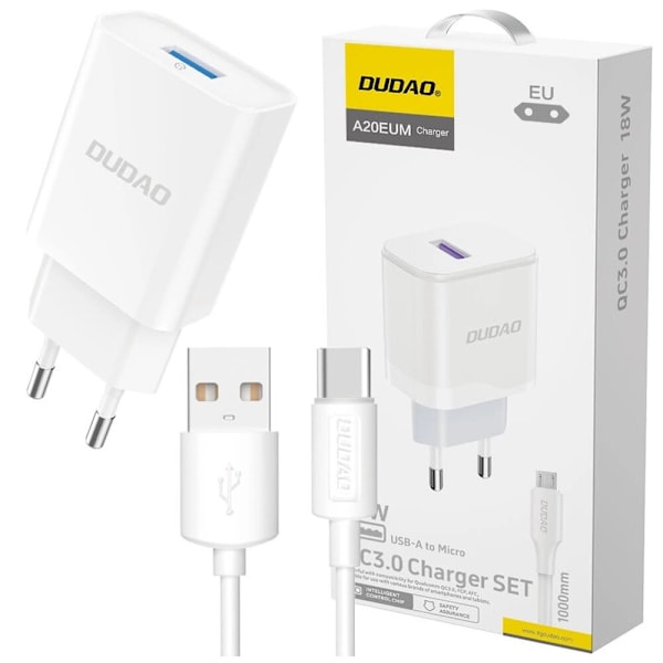 DUDAO A4EU USB-A 2.1A VÆGOPLADER - HVID + USB-A - USB-C KABEL