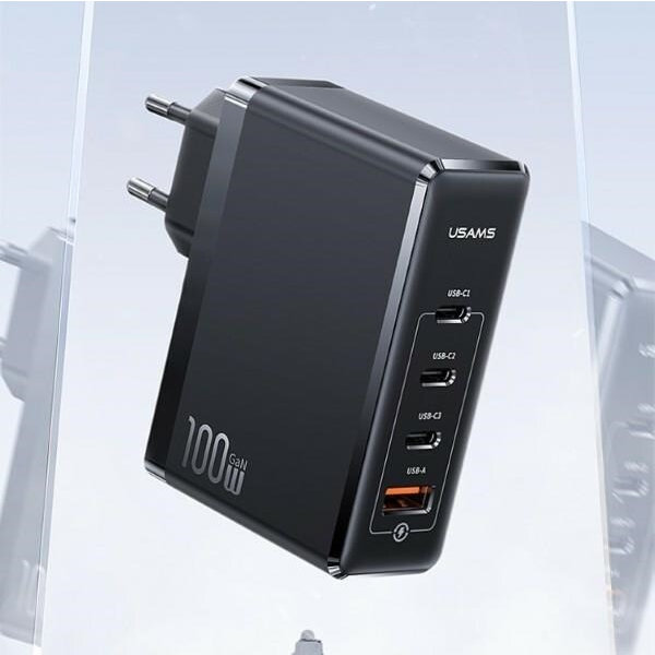 USAMS Lad. nätverk. 3xUSB-C+1xUSB GaN 100W T50 PD (endast huvud) Snabbladdning svart/svart CC163TC01 (US-CC163)