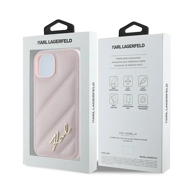KARL LAGERFELD DIAGONAL QUILTED SCRIPT COVER TIL IPHONE 15 PLUS / 14 PLUS - PINK