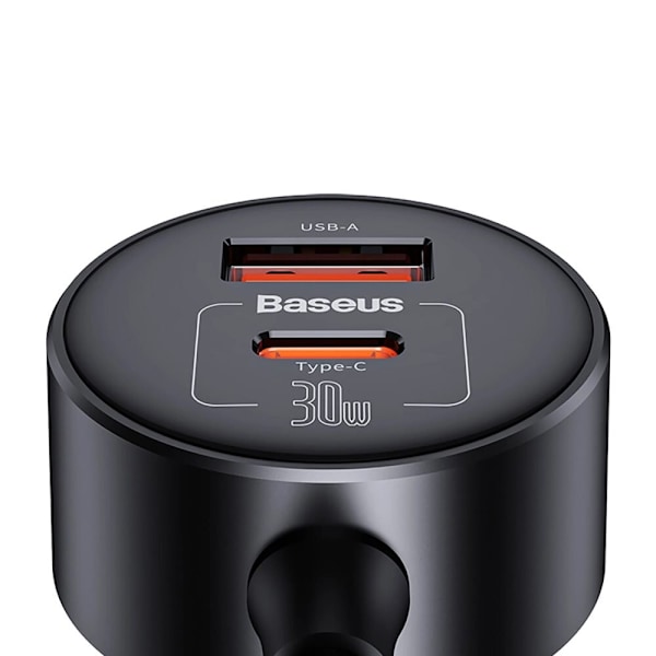 Baseus High Efficiency Pro 2x sigarettenneradapter USB-A USB-C med 30W lader - svart