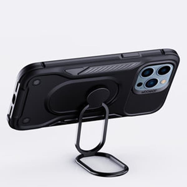 Joyroom Dual Hinge iPhone 14-deksel, pansret deksel med stativ, ringholder, sort
