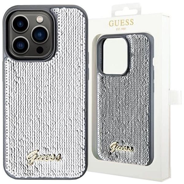 Guess Sequin Script metalldeksel til iPhone 14 Pro - sølv