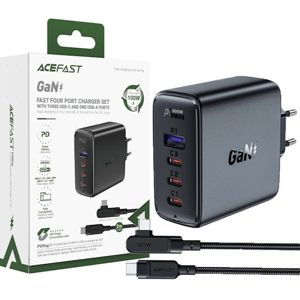ACEFAST HURTIG NETVÆRKSLADER 3XUSBC/1XUSBA 100W SORT + KABEL 100W 2M